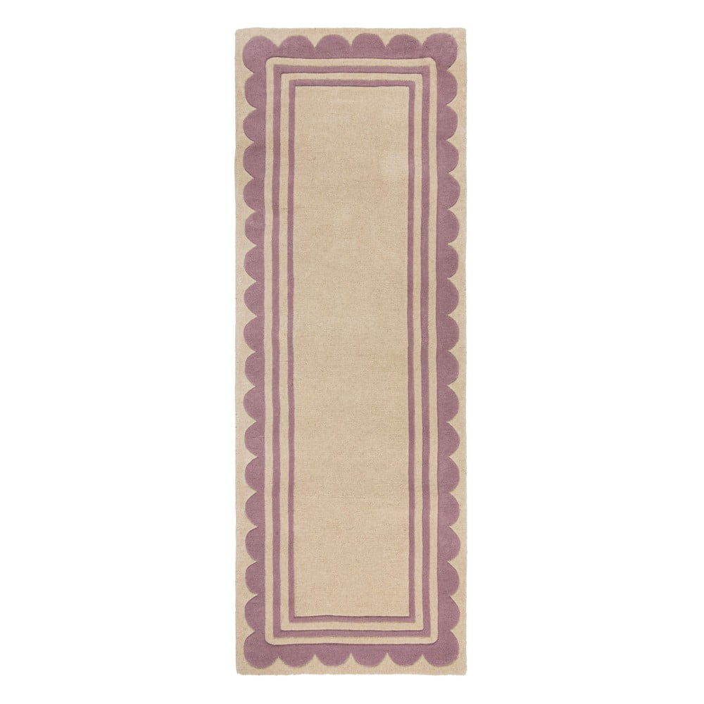 Fioletowo-naturalny wełniany chodnik tkany ręcznie 80x230 cm Lois Scallop – Flair Rugs