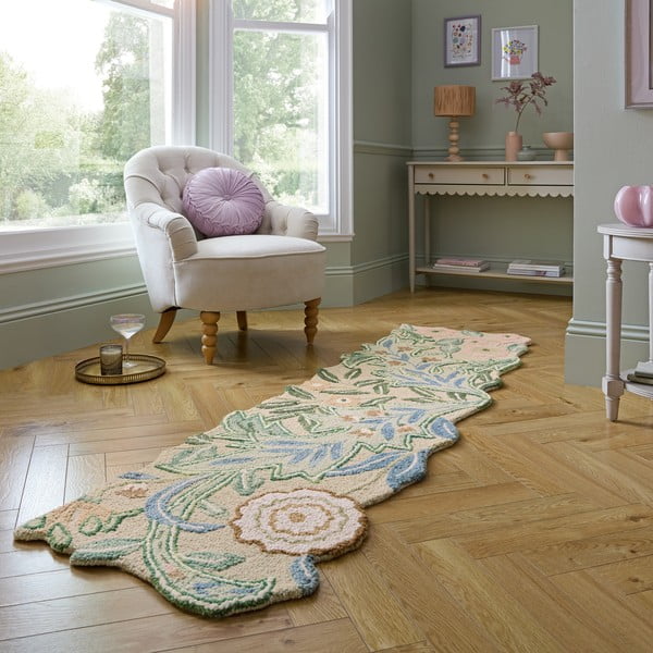 Zielony wełniany chodnik tkany ręcznie 60x230 cm Bryony Shaped Floral – Flair Rugs-image-1