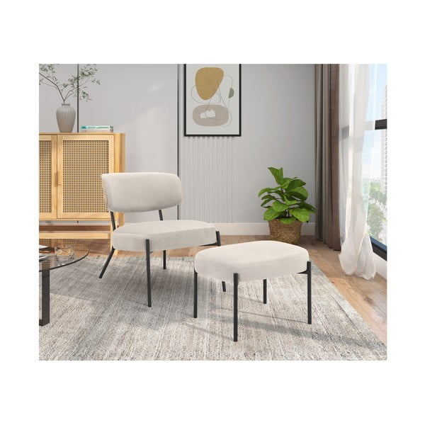 Kremowy aksamitny fotel z podnóżkiem Jerry – Støraa-image-2