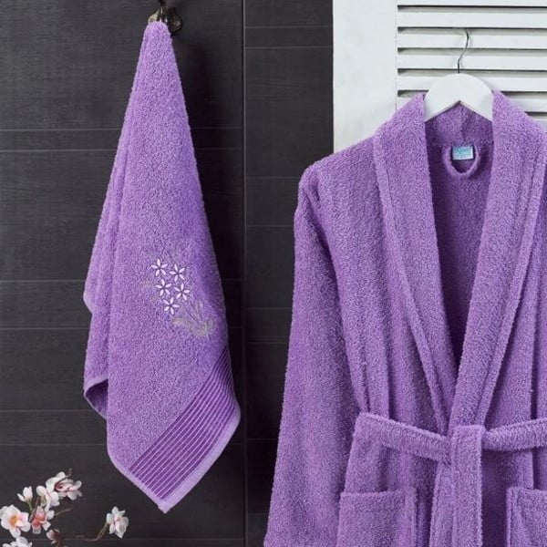 Fioletowy bawełniany zestaw szlafroka i ręcznika w rozmiarze S/M – Mila Home-image-1