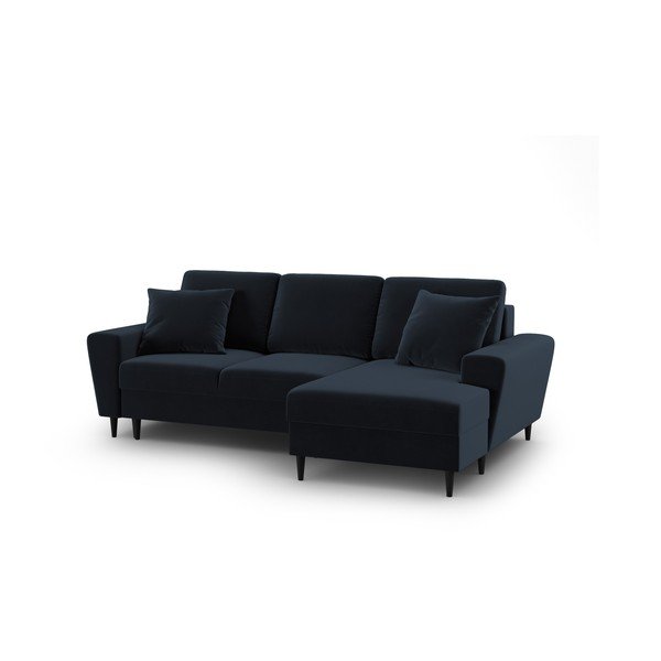 Ciemnoniebieski aksamitny rozkładany narożnik ze schowkiem (prawostronny/z szezlongiem) Kyoto – Cosmopolitan Design-image-1