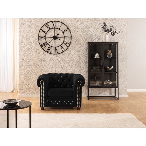 Czarny aksamitny fotel typu chesterfield York Blik – Ropez-image-1