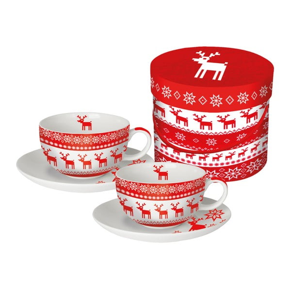 Zestaw 2 filiżanek na cappuccino z porcelany kostnej ze świątecznym motywem w ozdobnym opakowaniu PPD Magic Rojo Christmas, 200 ml