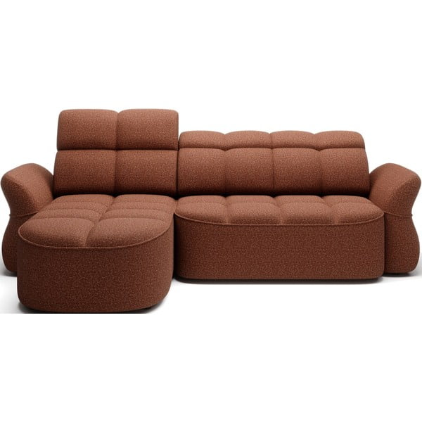 Aksamitny rozkładany/ze schowkiem narożnik (lewostronny/z szezlongiem) w kolorze terakoty Beneth – ELTAP