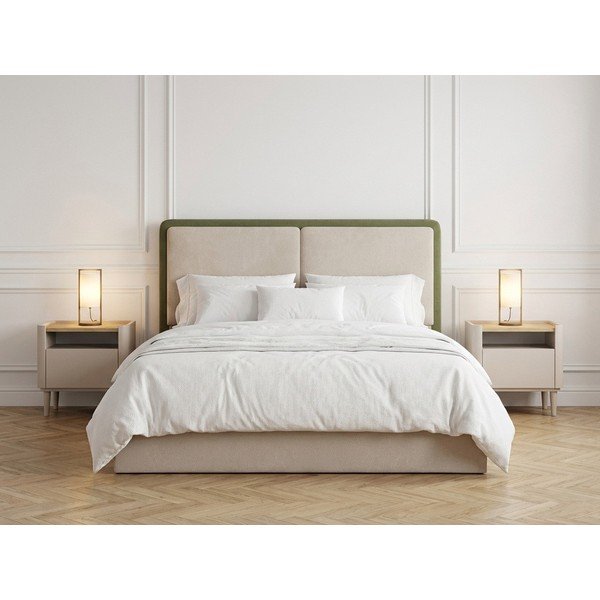 Zielone/beżowe tapicerowane łóżko dwuosobowe ze schowkiem ze stelażem 180x200 cm Mara – Bobochic Paris-image-3