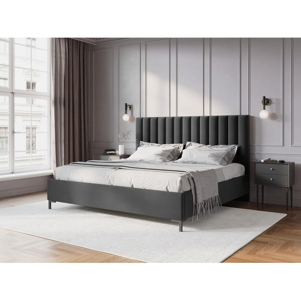 Ciemnoszare tapicerowane łóżko dwuosobowe ze schowkiem i stelażem 160x200 cm Casey – Mazzini Beds-image-1