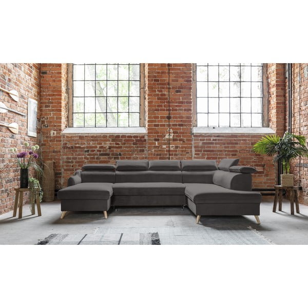 Ciemnoszary aksamitny rozkładany narożnik (prawostronny/w kształcie litery U) Sweet Harmony – Miuform-image-1