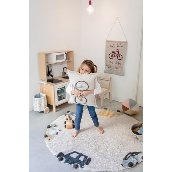 Kremowy bawełniany dywan dziecięcy tkany ręcznie odpowiedni do prania ø140 cm Wheels – Lorena Canals-image-4