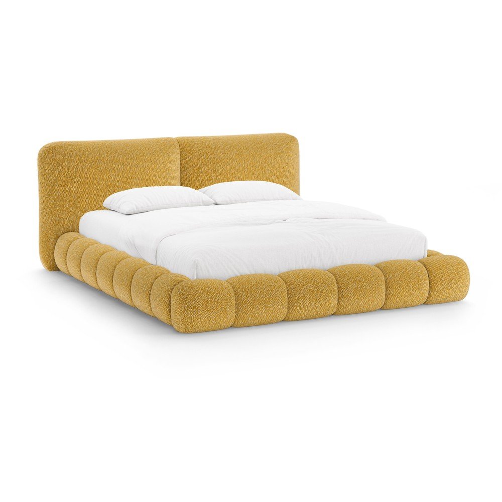 Musztardowe tapicerowane łóżko dwuosobowe ze schowkiem i stelażem 180x200 cm Solange – Micadoni
