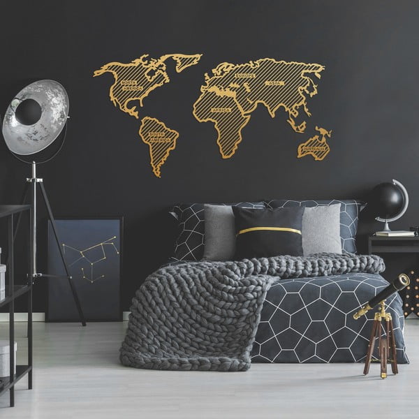 Metalowa dekoracja ścienna w złotym kolorze World Map In The Stripes, 120x65 cm