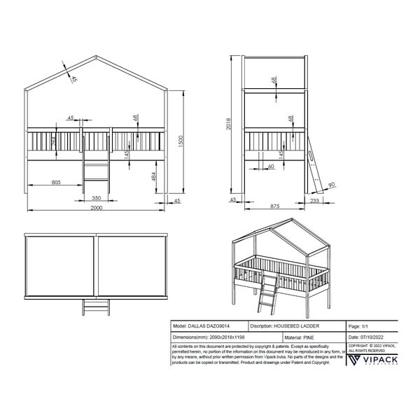 Białe podwyższone łóżko dziecięce w kształcie domku z litego drewna sosnowego 90x200 cm DALLAS – Vipack-image-3