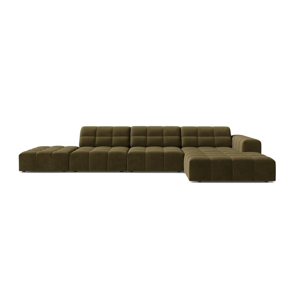 Aksamitny narożnik (prawostronny/z szezlongiem) w kolorze khaki Chicago – Cosmopolitan Design