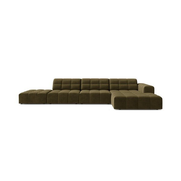 Aksamitny narożnik (prawostronny/z szezlongiem) w kolorze khaki Chicago – Cosmopolitan Design