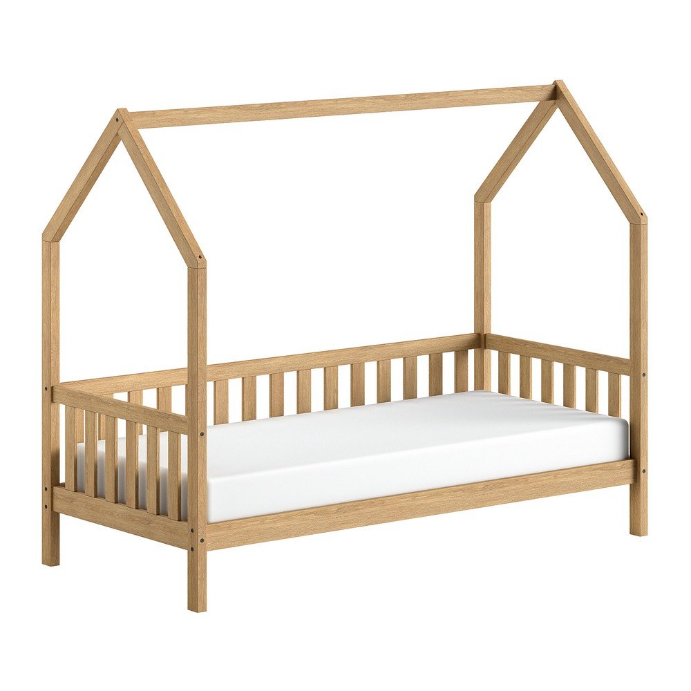 Łóżko dziecięce z litego drewna dębowego w kształcie domku ze stelażem 90x200 cm w naturalnym kolorze Cabane – Vipack