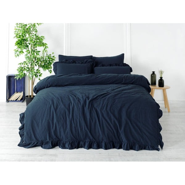 Ciemnoniebieska pościel jednoosobowa z bawełny renforcé 140x200 cm Ruffle Striped – Mila Home Luxury-image-1