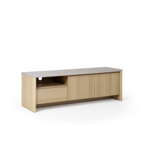 Biała/w jasnym naturalnym kolorze szafka pod TV w dekorze dębu 153x50x45 cm Dore – Marckeric-image-4