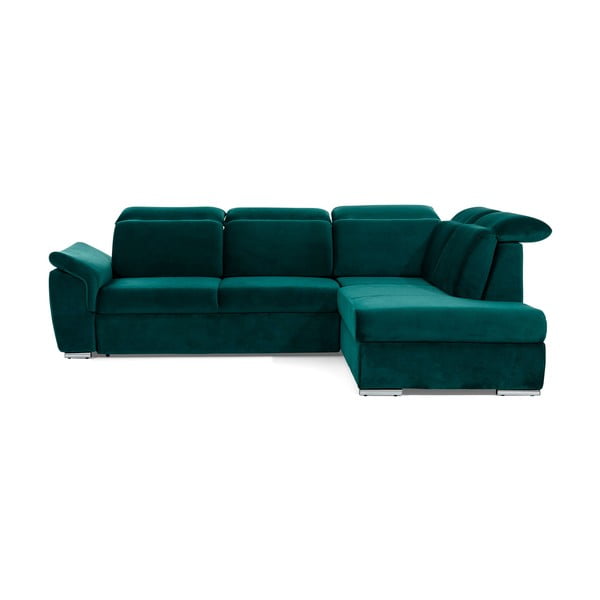 Zielony aksamitny rozkładany/ze schowkiem narożnik (prawostronny/w kształcie litery L) Loreto – ELTAP