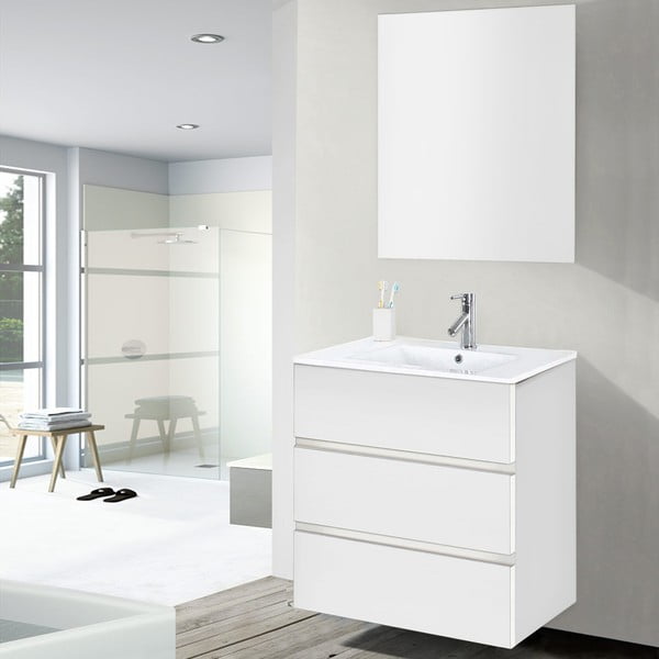 Szafka do łazienki z umywalką i lustrem Nayade, odcień bieli, 60 cm