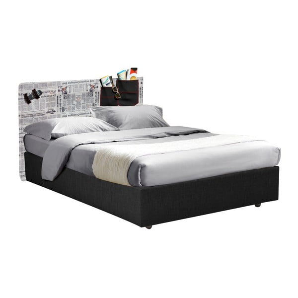 Czarne łóżko jednoosobowe ze schowkiem i wzorzystym wezgłowiem 13Casa Task, 120x190 cm