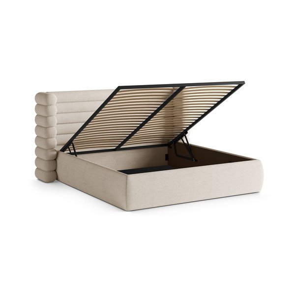 Beżowe tapicerowane łóżko dwuosobowe ze schowkiem i stelażem 200x200 cm Mount – Micadoni -image-2