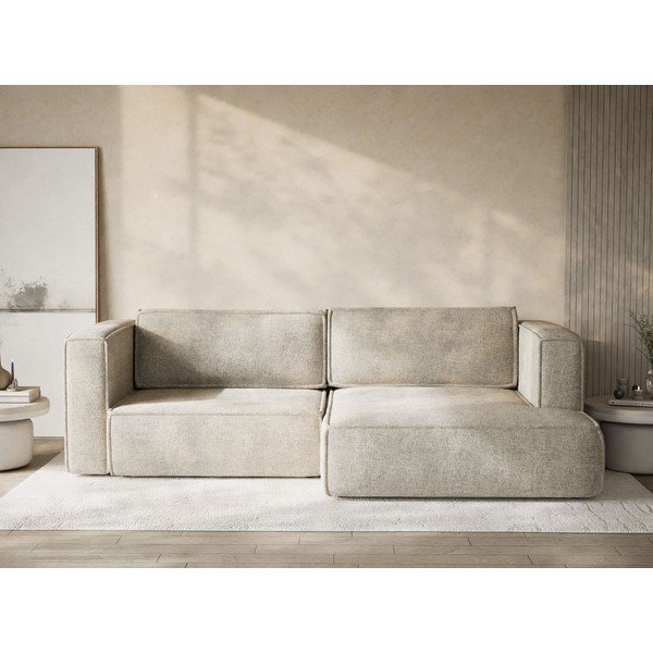 Beżowy rozkładany/ze schowkiem narożnik z tkaniny szenilowej (prawostronny/z szezlongiem) Velto – Maison de Rêve-image-1