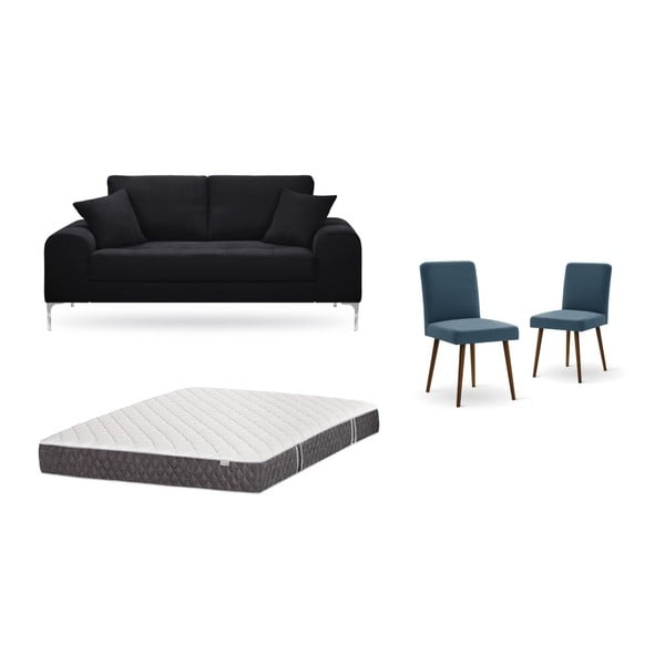 Zestaw 2-osobowej czarnej sofy, 2 niebieskich krzeseł i materaca 140x200 cm Home Essentials