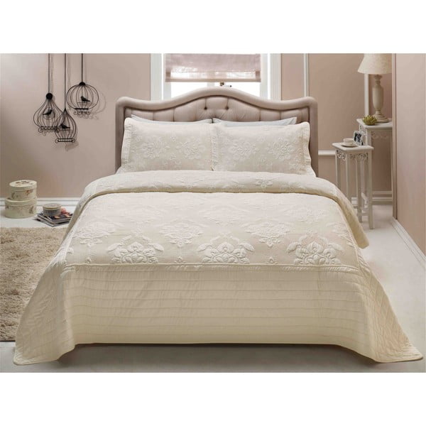 Kremowa lekka narzuta pikowana na łóżko dwuosobowe z 2 poszewkami na poduszki French Mood, 250x260 cm