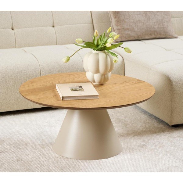 Kremowy okrągły stolik z blatem w dekorze dębu ø 85 cm Soli – Actona-image-1