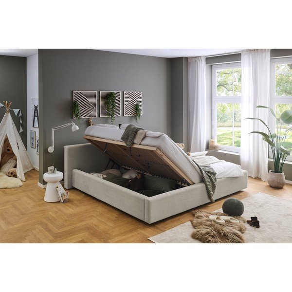 Beżowe tapicerowane łóżko dwuosobowe ze schowkiem ze stelażem 200x240 cm Cube – Meise Möbel-image-2