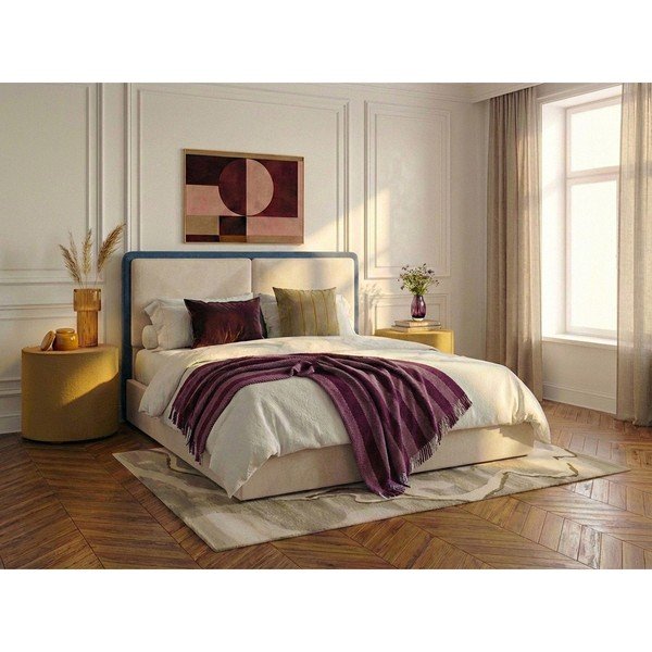Niebieskie/beżowe tapicerowane łóżko dwuosobowe ze schowkiem ze stelażem 180x200 cm Mara – Bobochic Paris-image-1