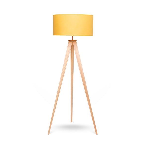 Lampa stojąca z drewnianymi nogami i żółtym kloszem Bonami Essentials Karol