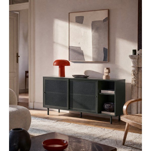 Ciemnozielona metalowa niska komoda z drzwiami przesuwnymi 160x75 cm Veep – Unique Furniture-image-1