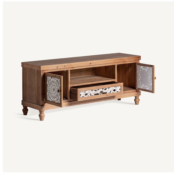 Biało-naturalna szafka pod TV z litego drewna świerkowego 140x58 cm Agrabah – Burkina-image-3