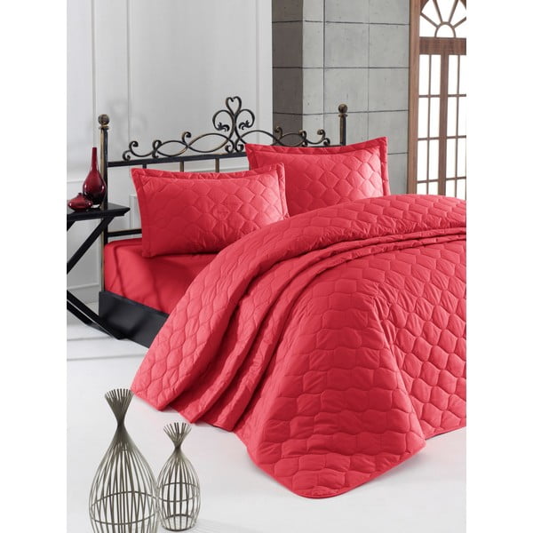Czerwona narzuta z 2 poszewkami na poduszki z bawełny ranforce Mijolnir Fresh, 225x240 cm