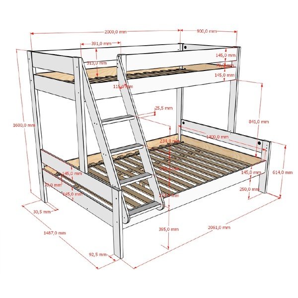 Białe piętrowe łóżko dziecięce ze stelażem 140x200/90x200 cm Primo – Vipack-image-2