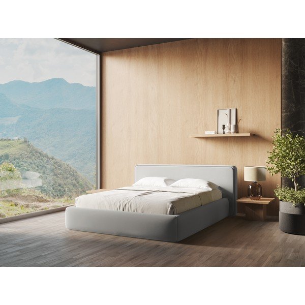 Jasnoszare tapicerowane łóżko dwuosobowe ze schowkiem i stelażem 180x200 cm Kiana – Makamii-image-1