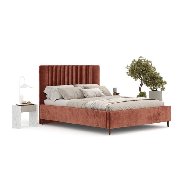 Ceglaste tapicerowane łóżko dwuosobowe ze schowkiem ze stelażem 160x200 cm Etero – Maison de Rêve-image-2