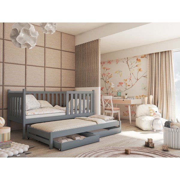 Szare łóżko dziecięce z drewna sosnowego z wysuwanym łóżkiem ze schowkiem 90x190 cm Kaja V5 – Lano Meble-image-1