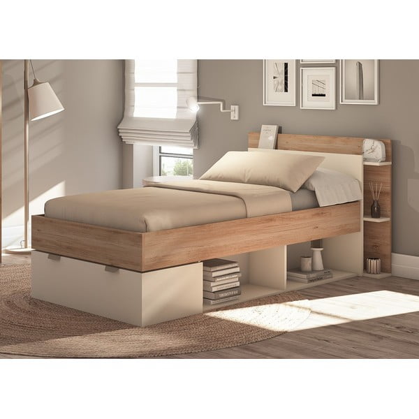 Biało-naturalne łóżko jednoosobowe w dekorze dębu ze schowkiem bez stelaża 90x200 cm Albo – Marckeric-image-1