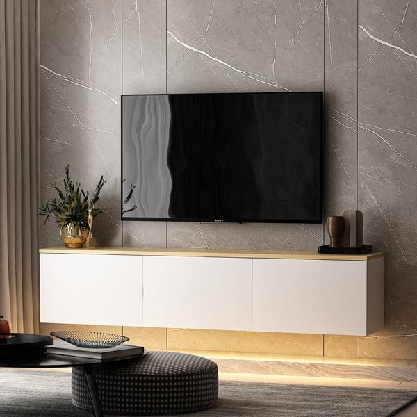 Biało-naturalna szafka pod TV w dekorze dębu 160x35x32 cm Neon – Kalune Design-image-4