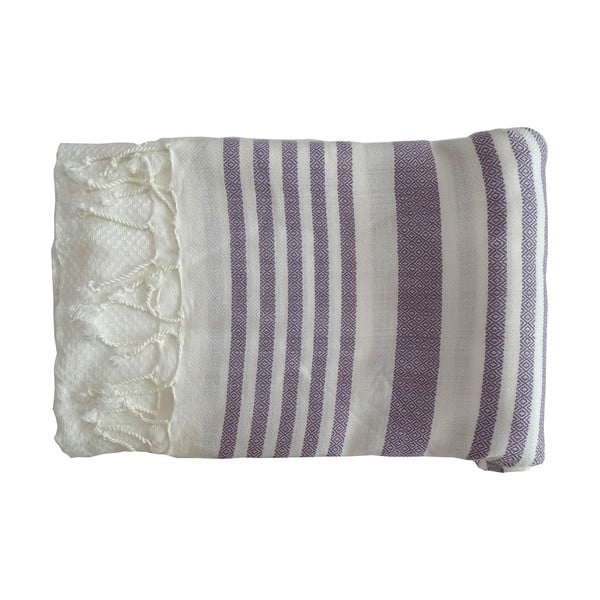 Fioletowo-biały ręcznik tkany ręcznie z wysokiej jakości bawełny Hammam Petek, 100x180 cm