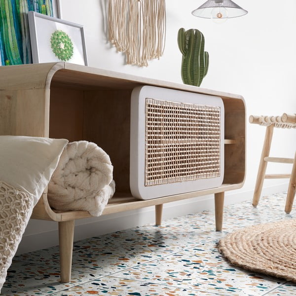 Stołek z drewna tekowego z siedziskiem z liny bawełnianej Kave Home Eclipse-image-2