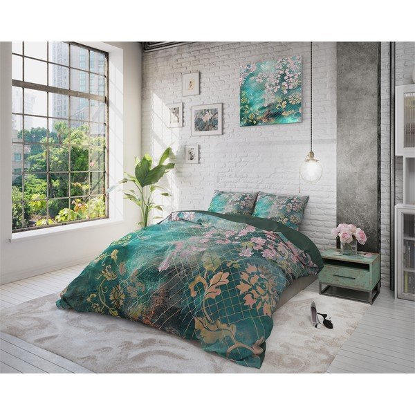 Zielona bawełniana pościel dwuosobowa Pure Cotton Tiran Flower, 240x200 cm-image-1