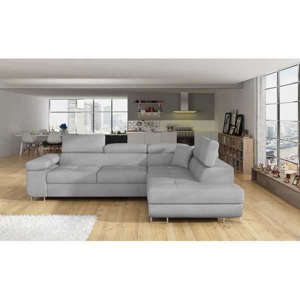 Jasnoszary aksamitny rozkładany/ze schowkiem narożnik (prawostronny/w kształcie litery L) Anton – ELTAP-image-1