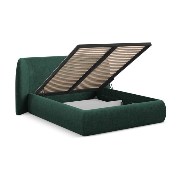 Ciemnozielone tapicerowane łóżko dwuosobowe ze schowkiem i stelażem 180x200 cm Hauke – Makamii-image-2