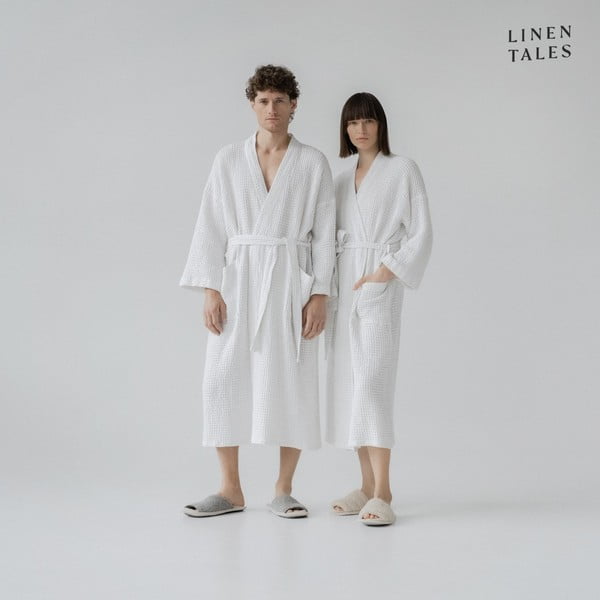Biały szlafrok w rozmiarze L/XL Honeycomb – Linen Tales-image-4