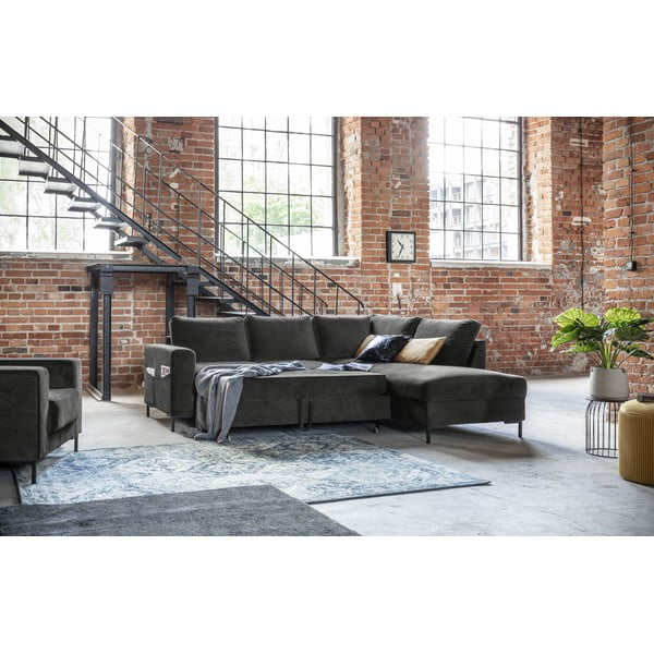Ciemnoszary aksamitny rozkładany narożnik (prawostronny) Lofty Lilly – Miuform-image-1
