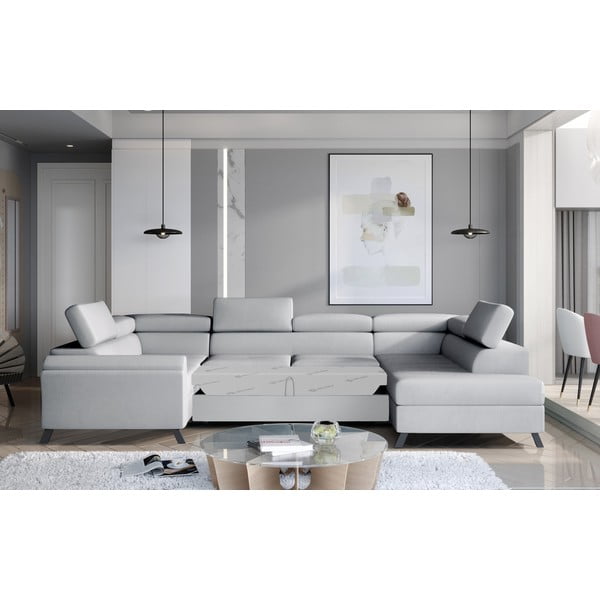 Jasnoszary aksamitny rozkładany/ze schowkiem narożnik (prawostronny/w kształcie litery U) Escada – ELTAP-image-2