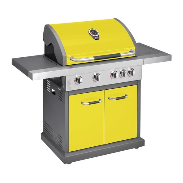 Żółty grill gazowy z 4 palnikami, termometrem i boczną kuchenką Jamie Oliver Pro