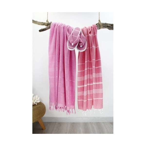 Komplet 2 różowych ręczników i japonek Hammam Classic Style